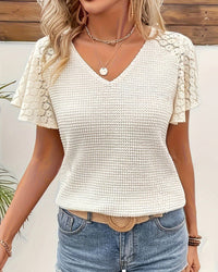 Casual V-Neck Lace Loose Knit Top-Beige