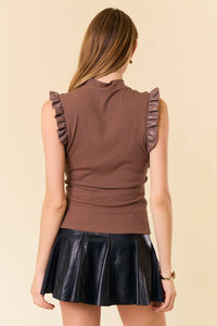 Leather Ruffle Edge Tank Top-Mocha