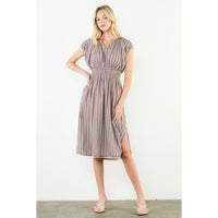 Striped Smocked Waist Short Sleeve Dress-Brown