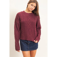 Cable Knit Crew Neck Sweater-Dark Cherry