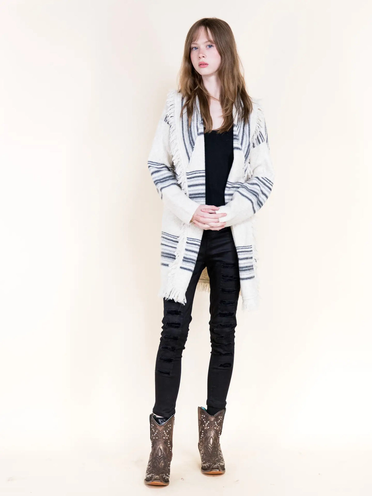 Earthy Stripes Fringe Cardigan