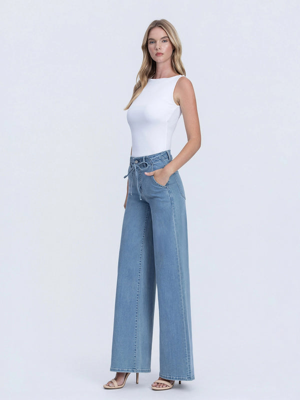 Tie Waist Palazzo Jeans-Medium Wash
