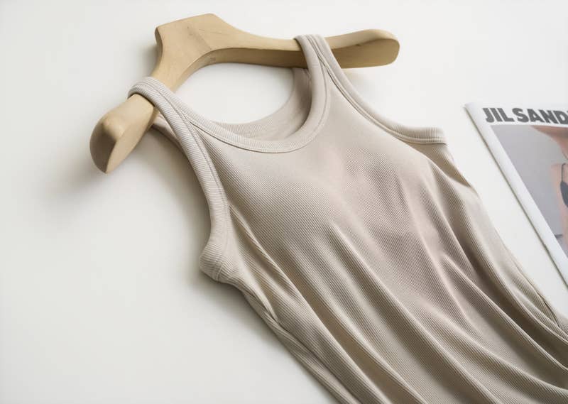 Rib tank top w built in bra-Tan