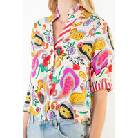 Printed V-Neck Button Stripe Cuff Top
