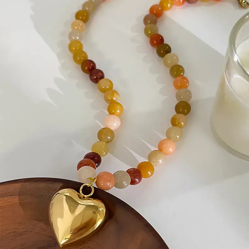 Stone Beaded Necklace with Heart Pendant