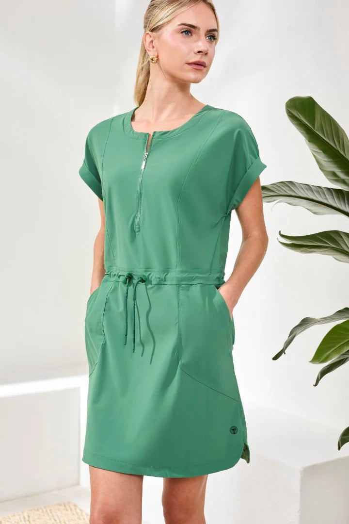 Tribal SS Zip Dress w/Drawcord