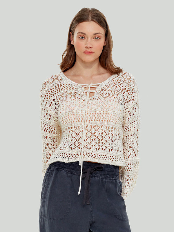 DEX Lace Up Crochet Sweater-Off White