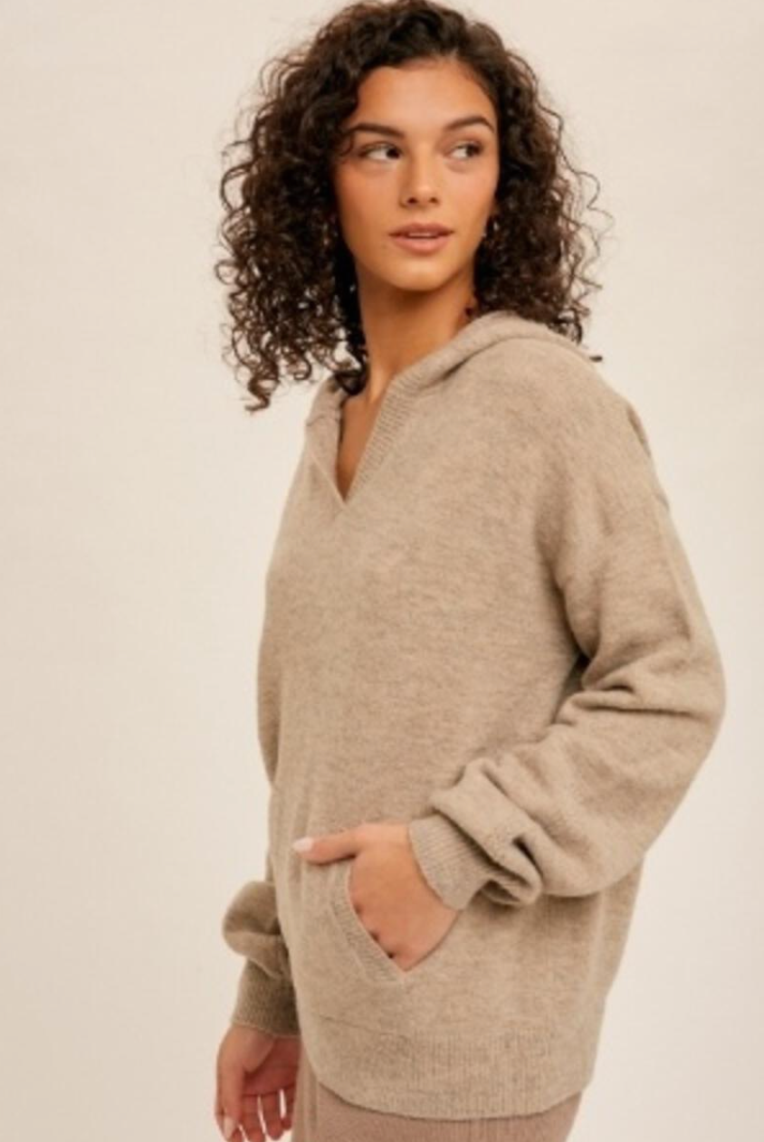H&T Pointelle Hoodie Sweater-Sand