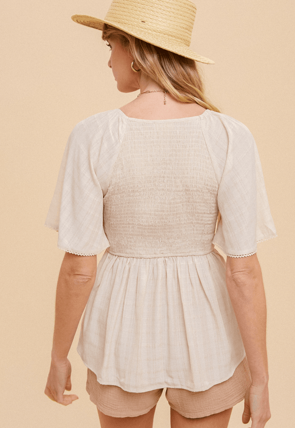 H&T Wheat Smocked Peplum Top