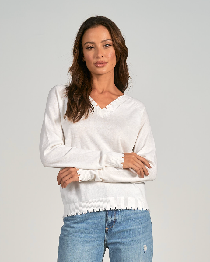 ELN Distressed Vneck Sweater-White