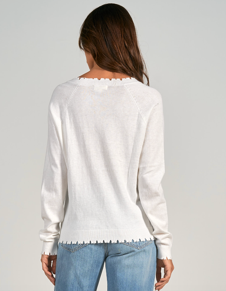 ELN Distressed Vneck Sweater-White