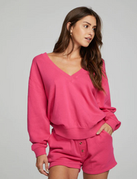 CHA Vneck Pullover-Poppy Pink